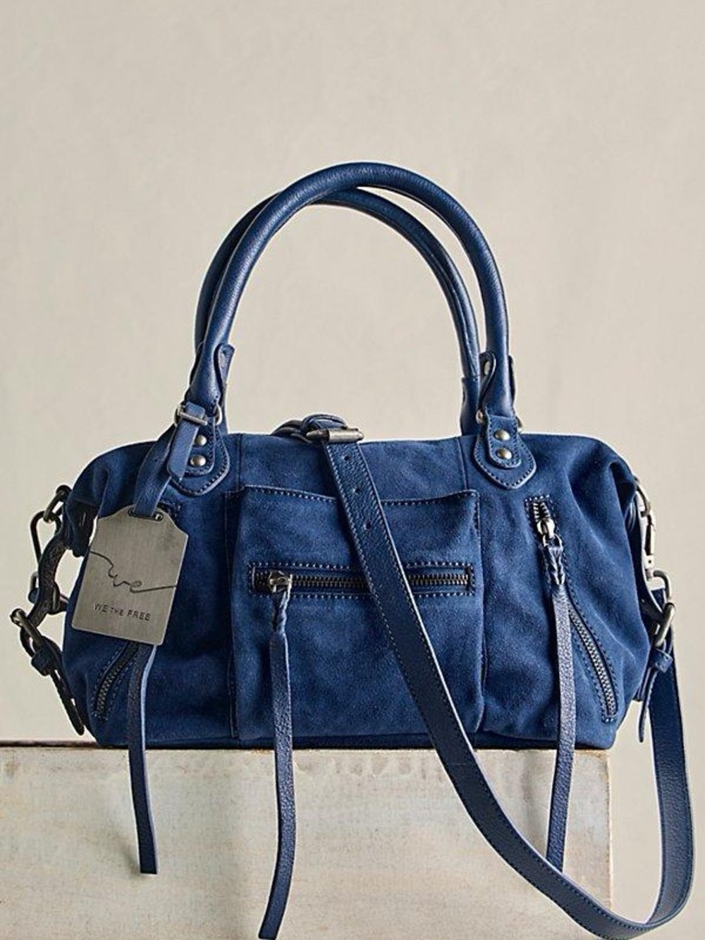 👜 Free People Baby Emerson Navy Blue Suede Satchel Bag NWT